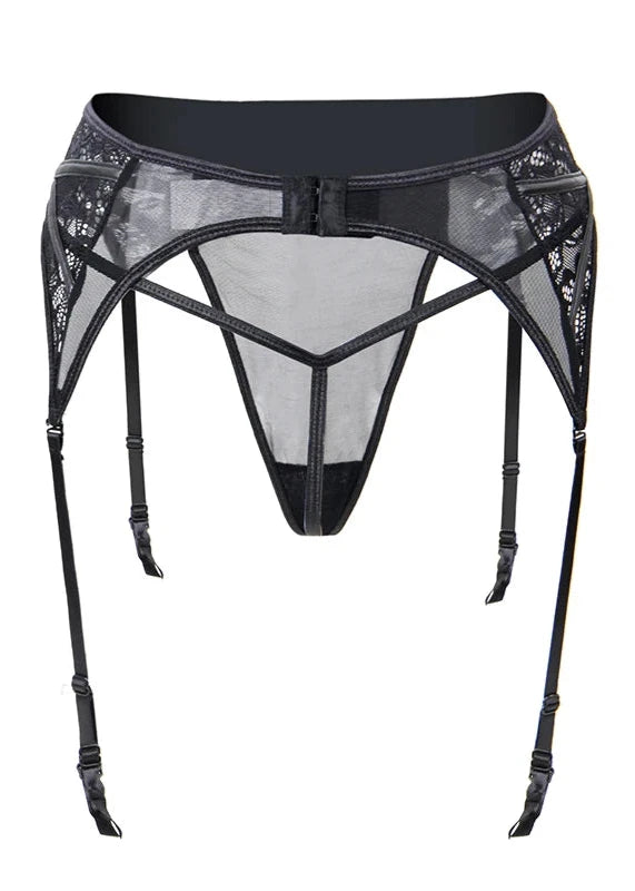 Ensemble Jarretelles en Cuir PU - String en Look Humide & Suspender