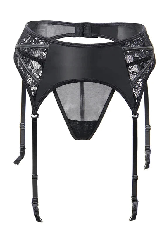 Ensemble Jarretelles en Cuir PU - String en Look Humide & Suspender